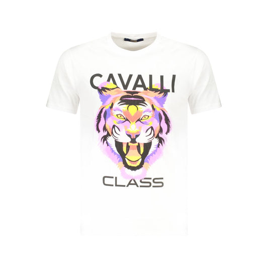 Cavalli Class White Cotton Men T-Shirt with bold tiger print and iconic logo, crew neck design, perfect for trendsetting casual fashion.