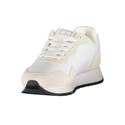 Tommy Hilfiger White Leather Men Sneaker showcasing sleek design and iconic logo, crafted for comfort with polyester and leather blend.