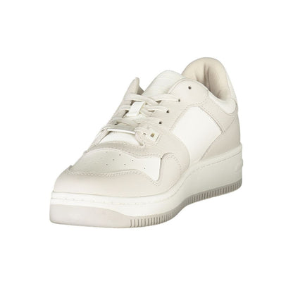 Tommy Hilfiger White Leather Men Sneaker with light grey accents, featuring iconic branding and removable footbed for casual outings.