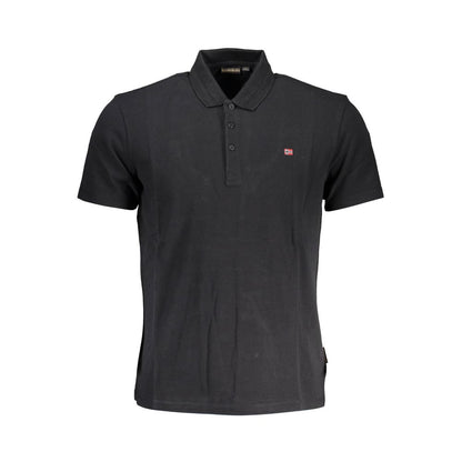 Napapijri Black Cotton Men Polo Shirt with logo embroidery, short sleeves, 3-button design, and regular fit.