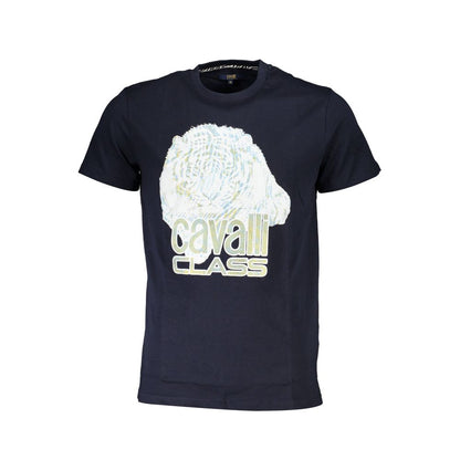Cavalli Class Blue Cotton Men T-Shirt with bold logo print, premium design, contemporary fashion elegance, and luxurious comfort.