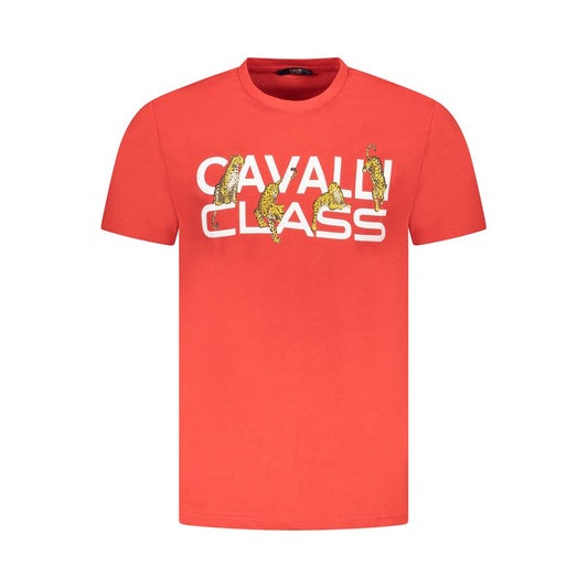 Cavalli Class Red Cotton Men T-Shirt with bold print and logo, crew neck, short sleeves, made from comfortable cotton fabric.
