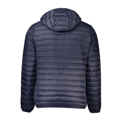 Cavalli Class Blue Polyamide Men Jacket with hood and light padding, showcasing sleek design and utility pockets, back view
