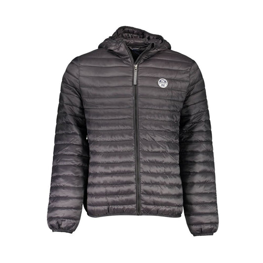 North Sails Black Polyamide Men Jacket with hood and zip closure, lightweight design with logo, ideal for transitional weather.