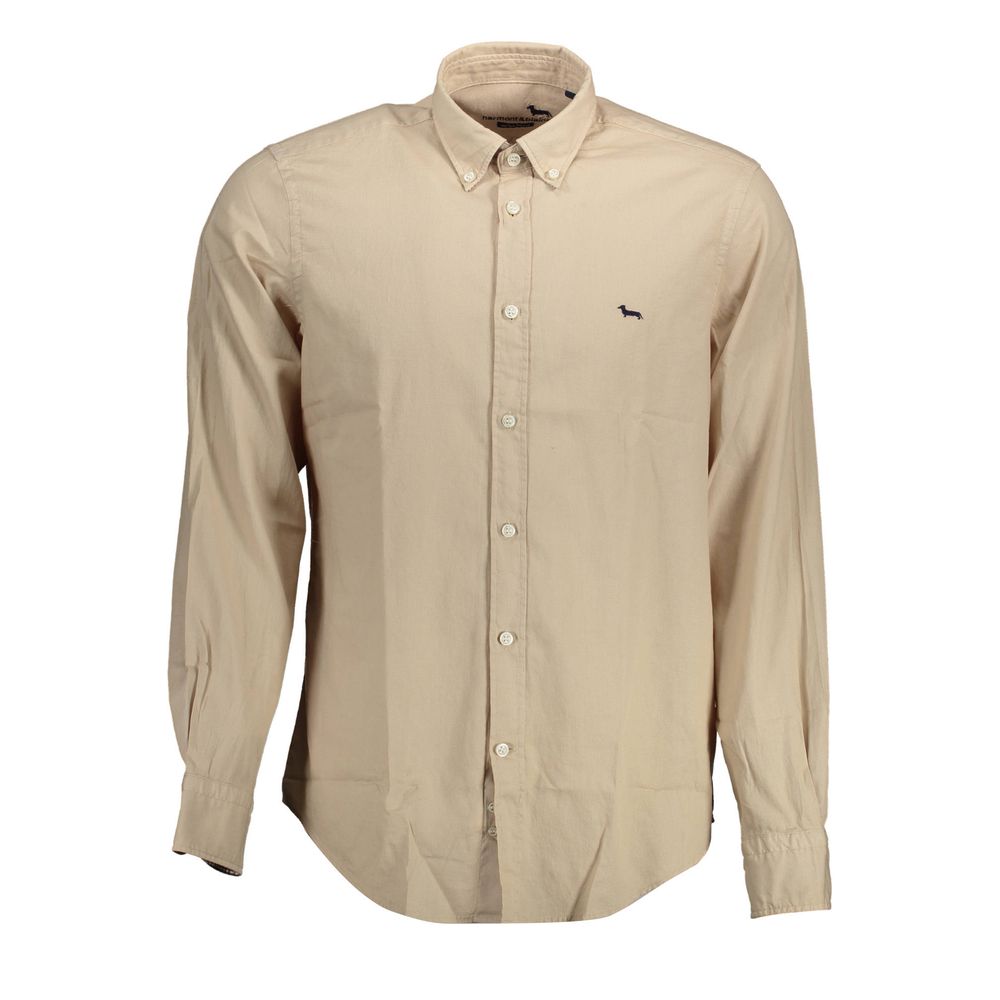 Harmont & Blaine Beige Cotton Men Shirt with long sleeves and button-down collar for sophisticated style.