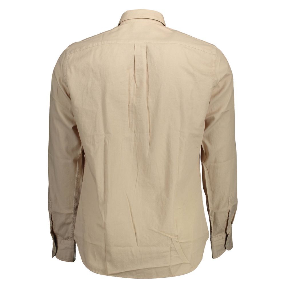 Back view of Harmont & Blaine Beige Cotton Men Shirt showcasing long sleeves and button-down collar.