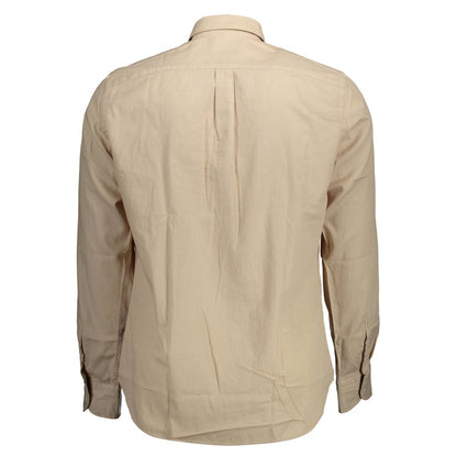 Back view of Harmont & Blaine Beige Cotton Men Shirt showcasing long sleeves and button-down collar.