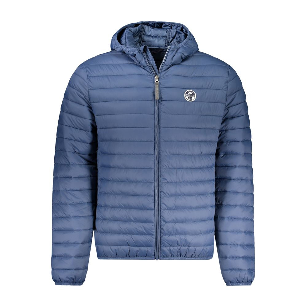 North Sails Blue Polyamide Men Jacket with hood, lightweight design, featuring zip front and logo on chest.