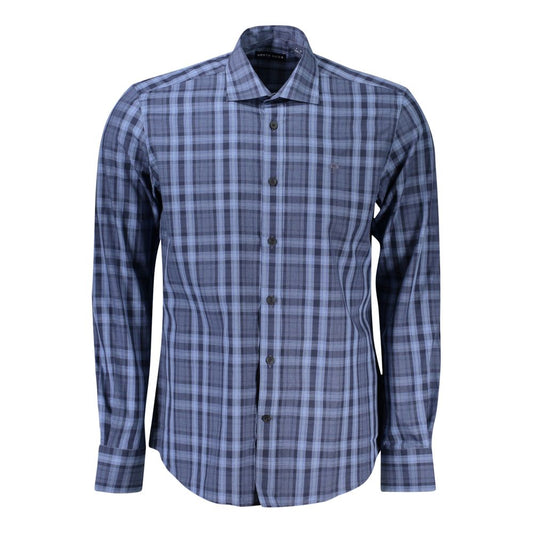 North Sails Light Blue Cotton Men Shirt with tartan pattern and French collar, showcasing timeless style and modern elegance.