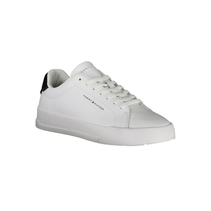 Alt Tag: Tommy Hilfiger White Polyethylene Men Sneaker with blue accents, premium materials, removable insole, and iconic logo.