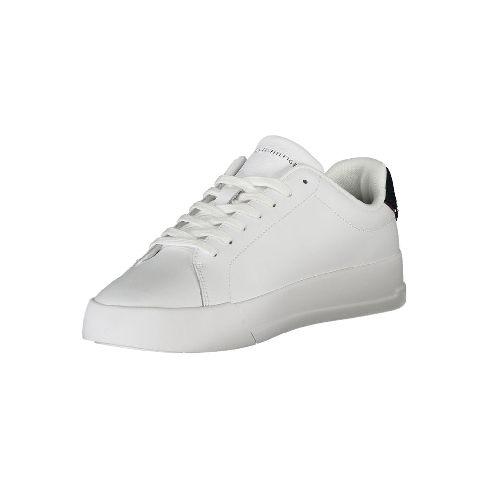 Tommy Hilfiger White Polyethylene Men Sneaker with blue accents and removable insole for comfort and style.