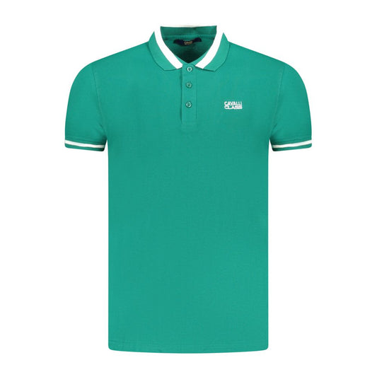 Cavalli Class Green Cotton Men Polo Shirt with short sleeves, embroidered logo, and contrasting details, made from high-quality cotton.