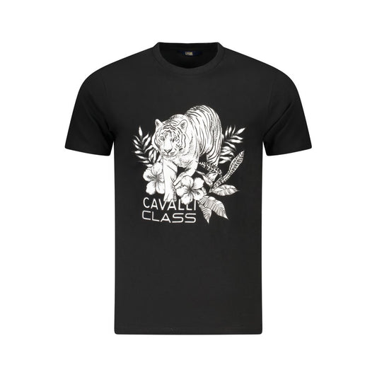 Cavalli Class Black Cotton Men T-Shirt with bold print and iconic logo, versatile for casual or evening wear.