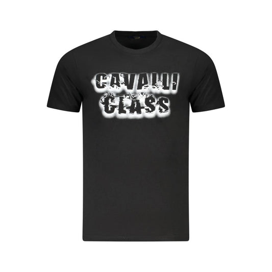 Cavalli Class Black Cotton Men T-Shirt with bold logo print on front, luxury fashion, stylish short sleeve design, premium cotton elegance.