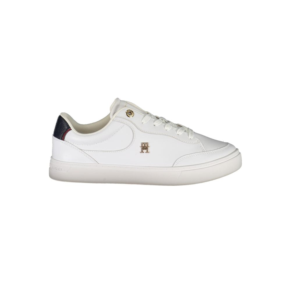 Tommy Hilfiger White Leather Women Sneaker with blue accents and logo, featuring a classic lace-up design for style and comfort.