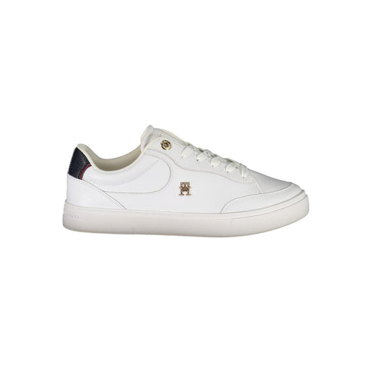 Tommy Hilfiger White Leather Women Sneaker with blue accents and iconic logo, featuring a stylish lace-up design for trendy footwear.