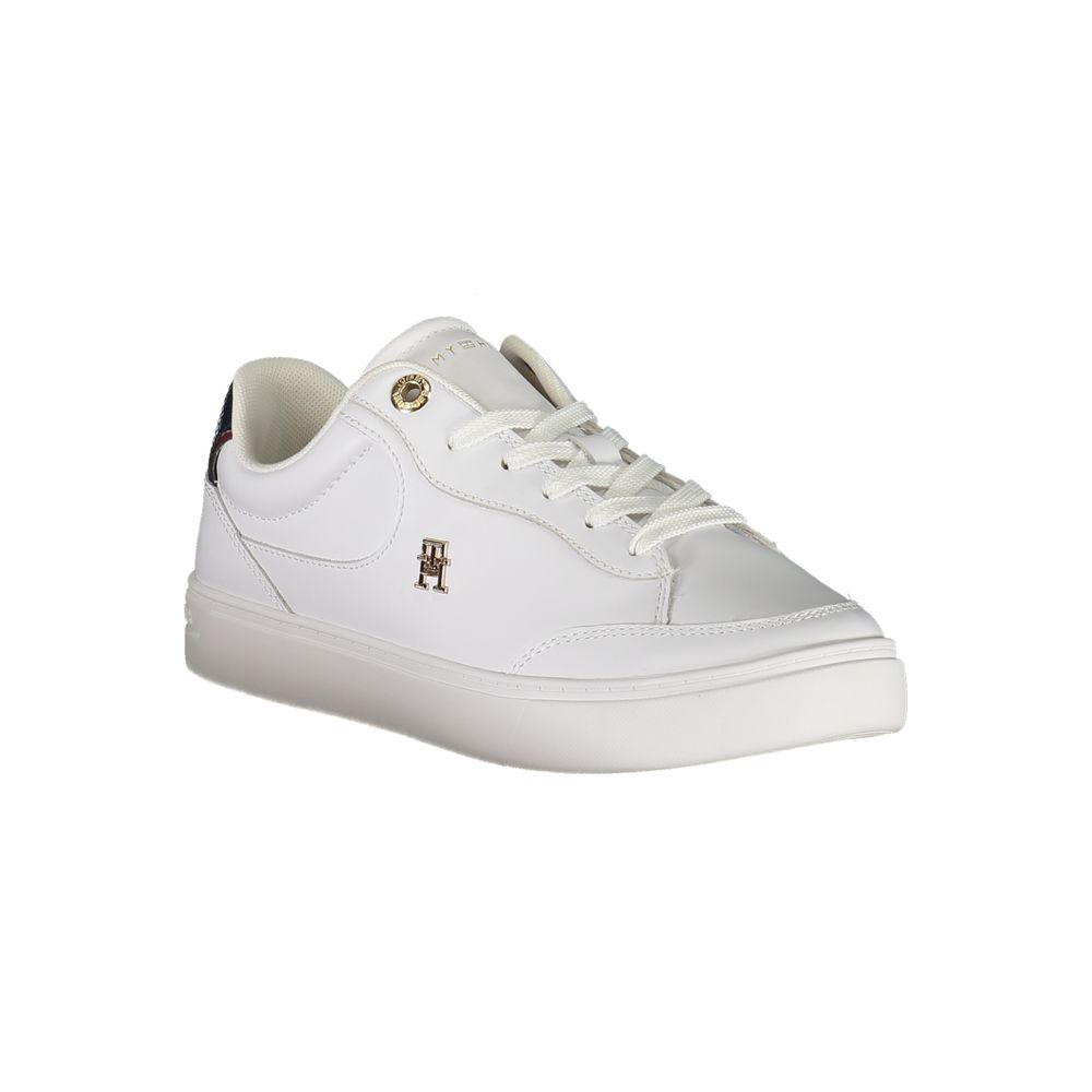 Tommy Hilfiger White Leather Women Sneaker with lace-up design and blue accents, featuring iconic Tommy logo.