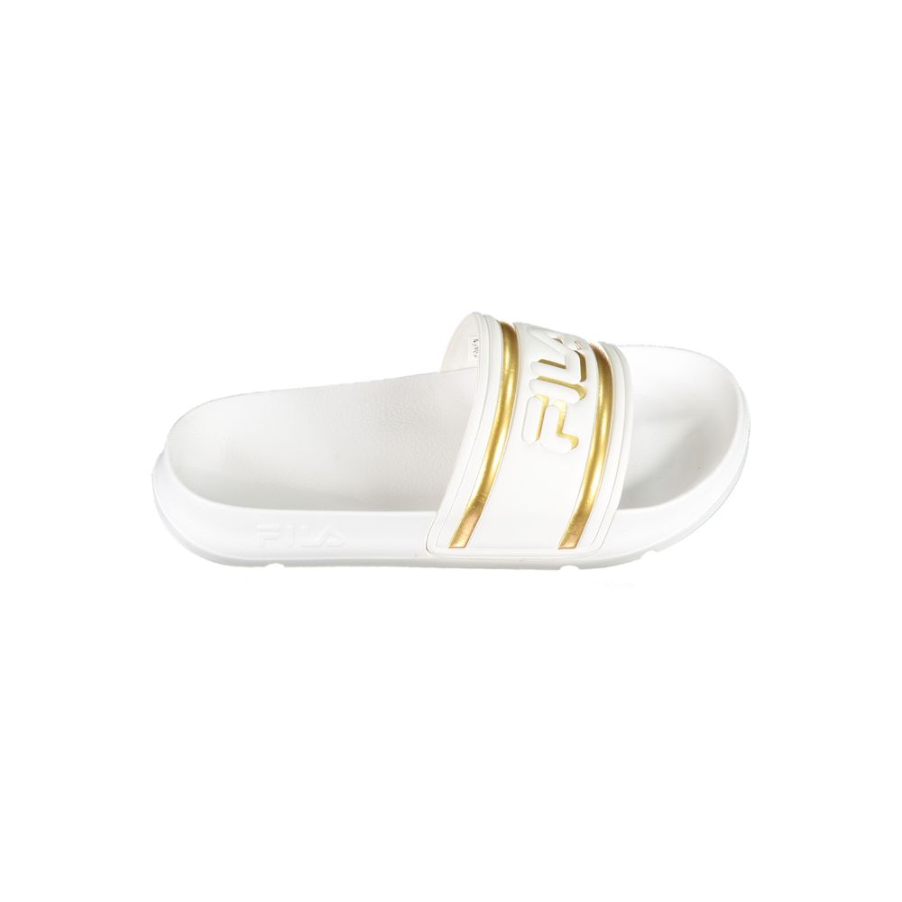 Fila White Polyethylene Women Sandal with gold details and iconic Fila logo for sporty sophistication and casual comfort.