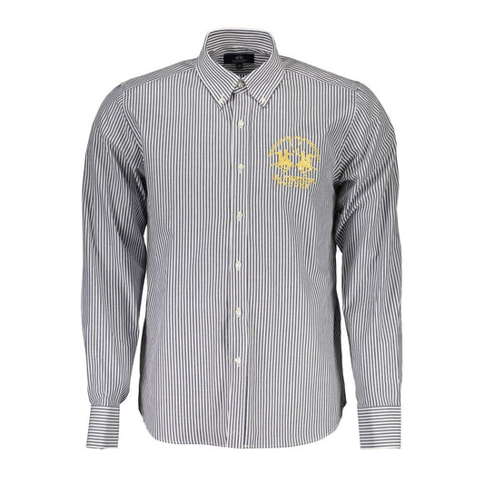 La Martina Blue Cotton Men Shirt with button-down collar and logo embroidery, offering timeless elegance and comfort.