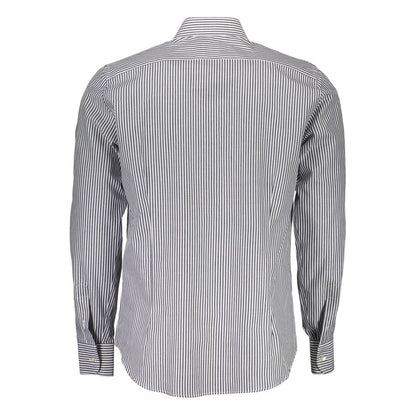 Back view of La Martina Blue Cotton Men Shirt with button cuffs and striped detail.