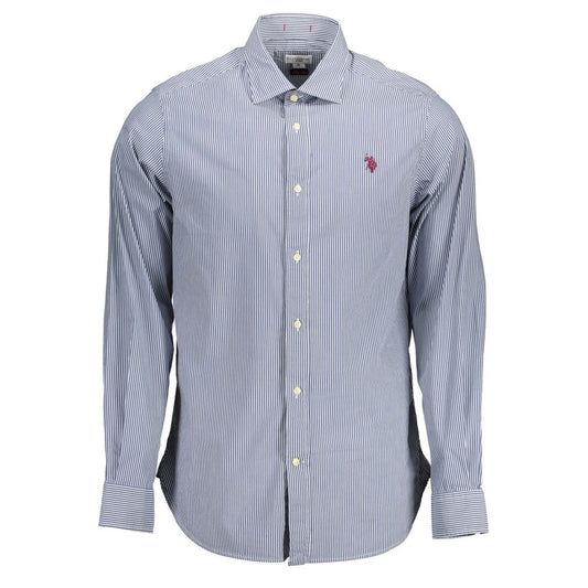U.S. POLO ASSN. Blue Cotton Men Shirt featuring slim fit, French collar, long sleeves, and signature logo embroidery.