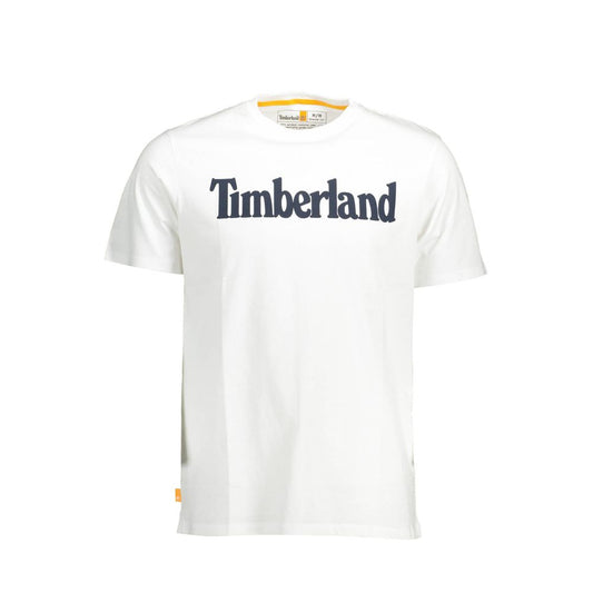 Timberland White Cotton Men T-Shirt, regular fit, short sleeve with logo print, made from 100% organic cotton, sustainable fashion.