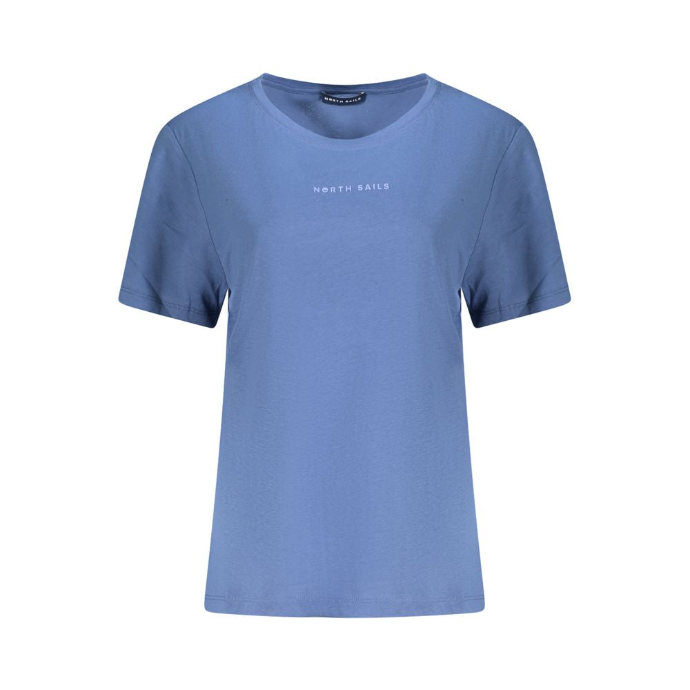 North Sails Blue Cotton Women T-Shirt with embossed logo on front, showcasing short sleeves and wide neck for a sleek, modern look.