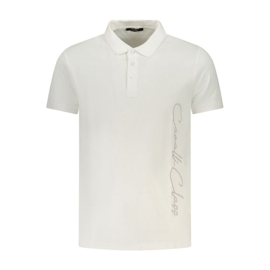 Cavalli Class White Cotton Men Polo Shirt with logo print, short sleeves, and classic three-button design.