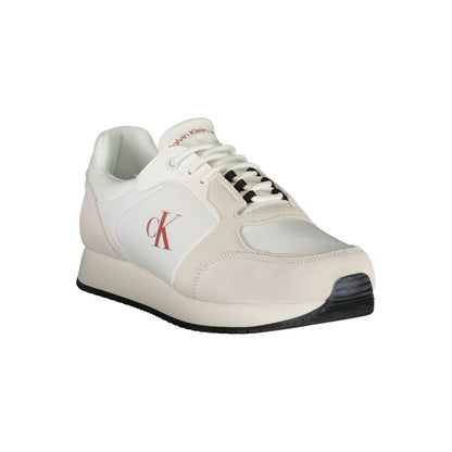 Calvin Klein White Leather Men Sneaker with CK logo, featuring sleek design and recycled cotton blend, ideal for modern style.