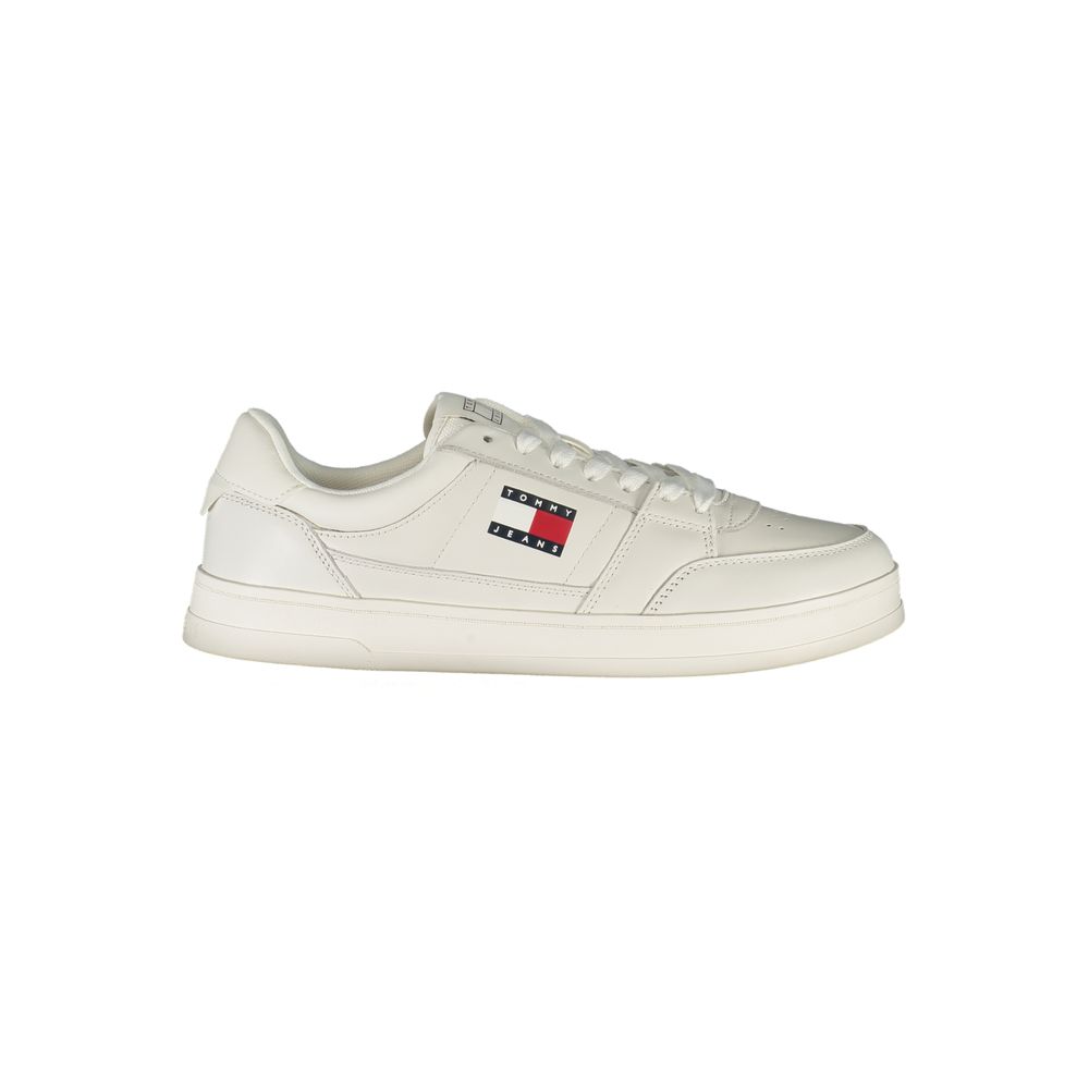 Tommy Hilfiger White Leather Men Sneaker with logo and removable insole for personalized comfort, perfect for sports or streetwear.
