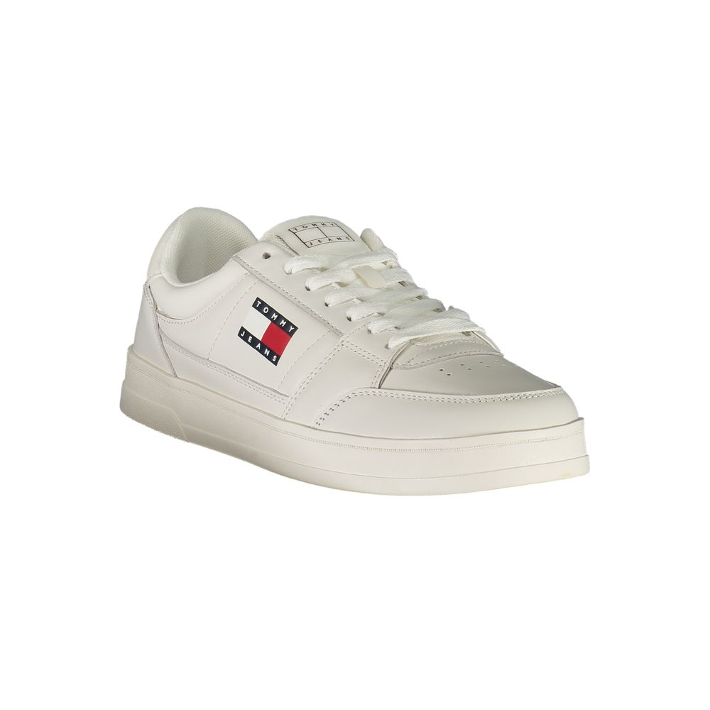 Tommy Hilfiger White Leather Men Sneaker with logo and contrasting details, perfect for sports and streetwear fashion.
