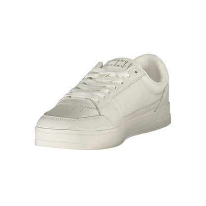 Tommy Hilfiger White Leather Men Sneaker with removable insole and bold contrasting details for fashion and comfort.