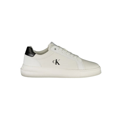 Calvin Klein White Leather Men Sneaker with CK logo, black accents, and removable footbed for style and comfort.