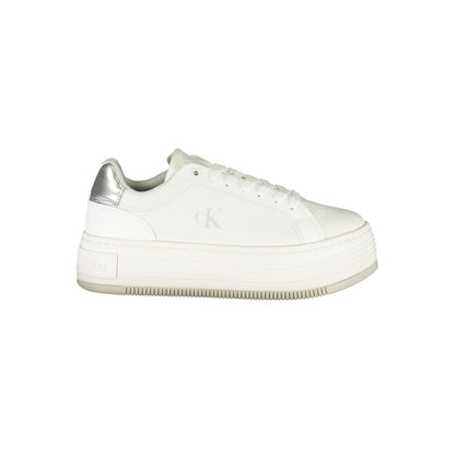 Calvin Klein White Leather Women Sneaker with silver accents and 4 cm wedge heel, featuring a sleek, stylish design.