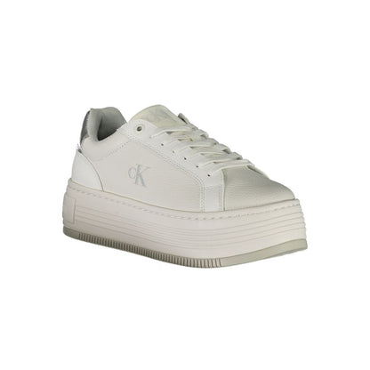 Calvin Klein White Leather Women Sneaker with contrasting silver details and 4 cm wedge heel for style and comfort.