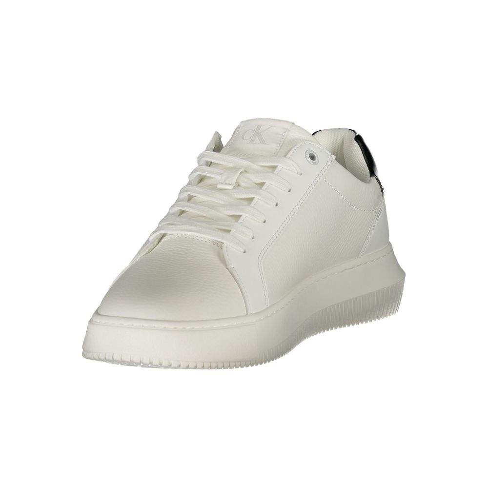 Calvin Klein White Leather Men Sneaker with black accents and removable footbed, showcasing modern style and comfort.