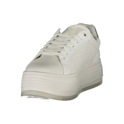 Calvin Klein White Leather Women Sneaker with 4 cm wedge heel and contrasting silver details for a modern trendsetter look.