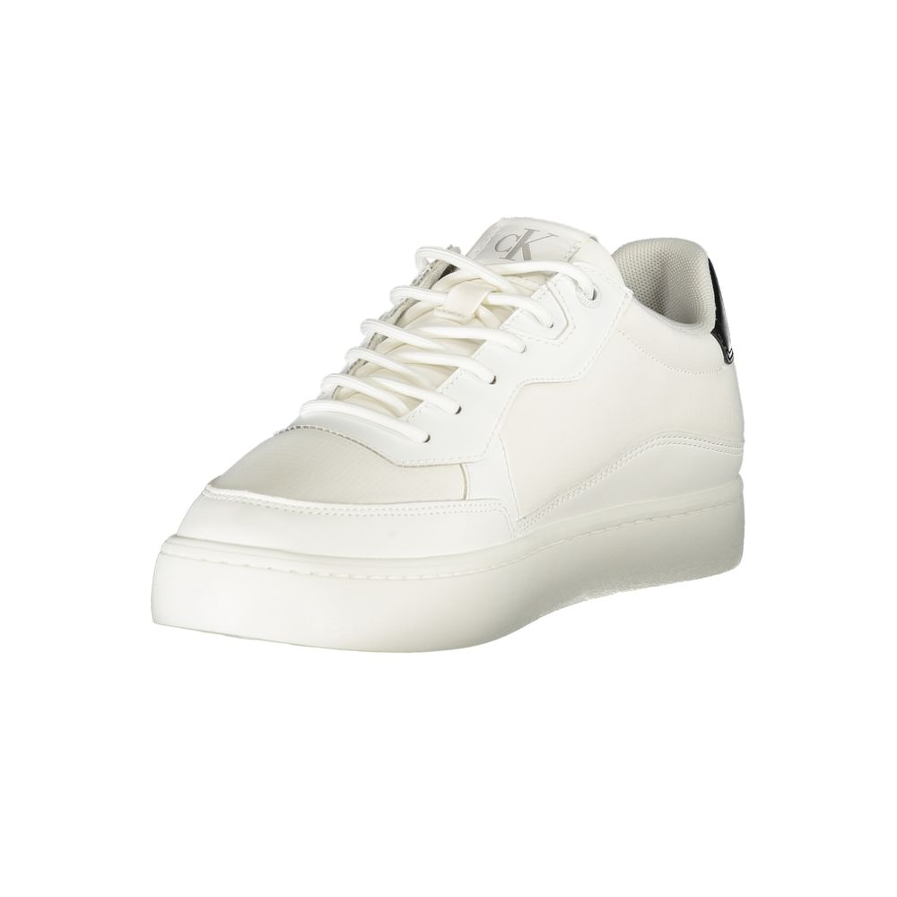 Calvin Klein White Polyester Men Sneaker with black accents and removable footbed, showcasing designer flair and comfort.