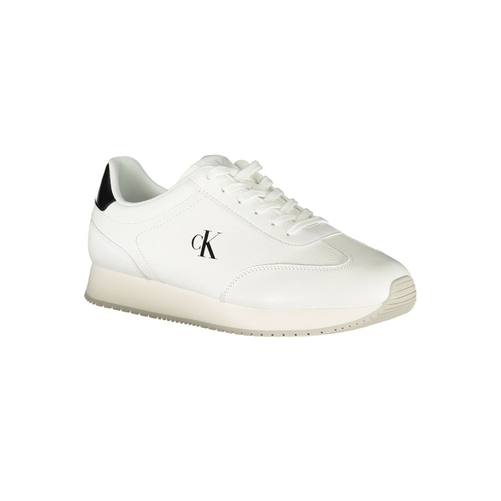 Calvin Klein White Leather Men Sneaker with black details and iconic CK logo, designed for style and comfort with a cushioned footbed.