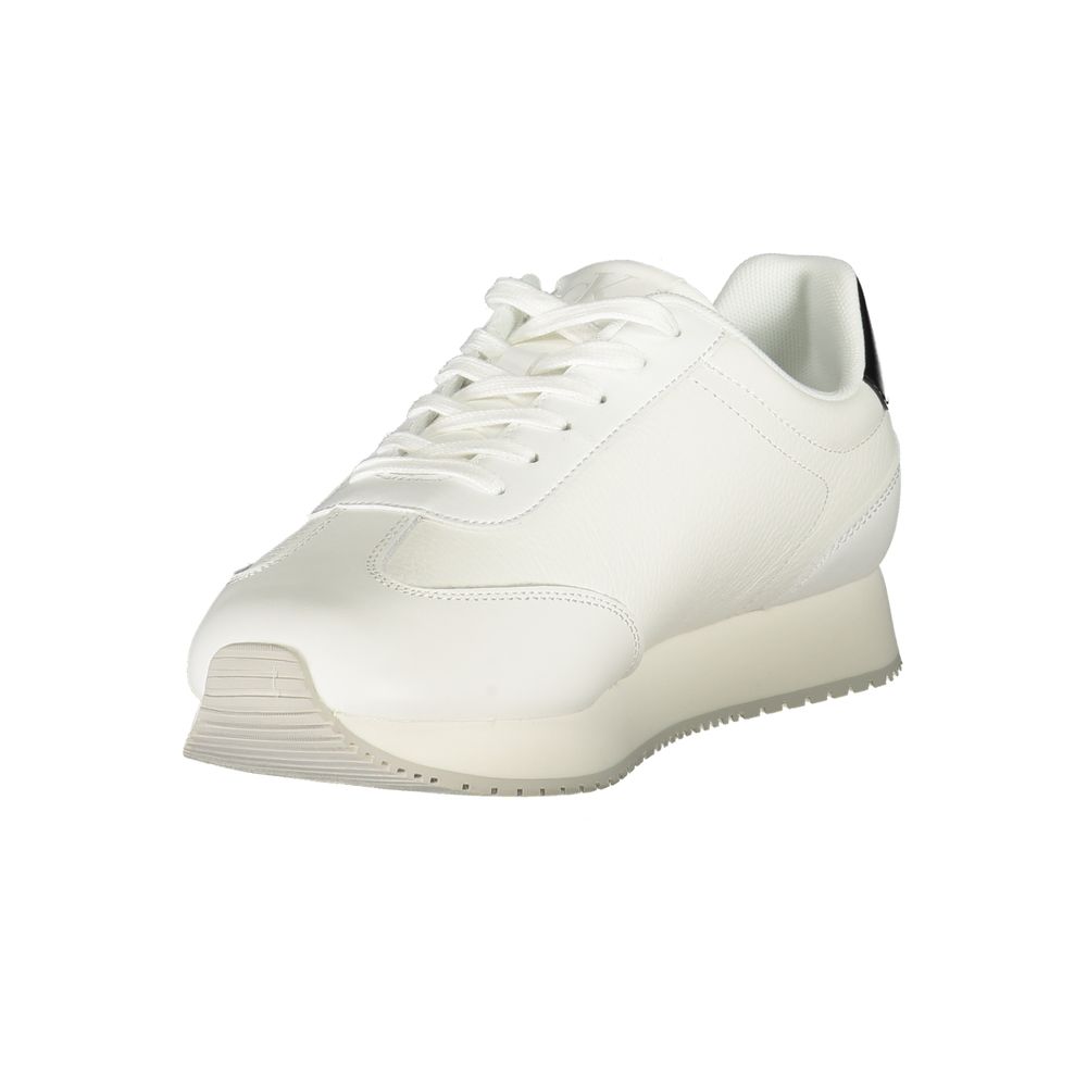 Calvin Klein White Leather Men Sneaker with cushioned footbed and bold black accents for style and comfort