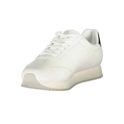 Calvin Klein White Leather Men Sneaker with cushioned footbed and bold black accents for style and comfort