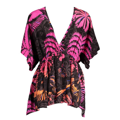 Desigual Black Cotton Women Dress with vibrant pink and orange floral print, V-neck and elastic waist for a chic, flattering look.