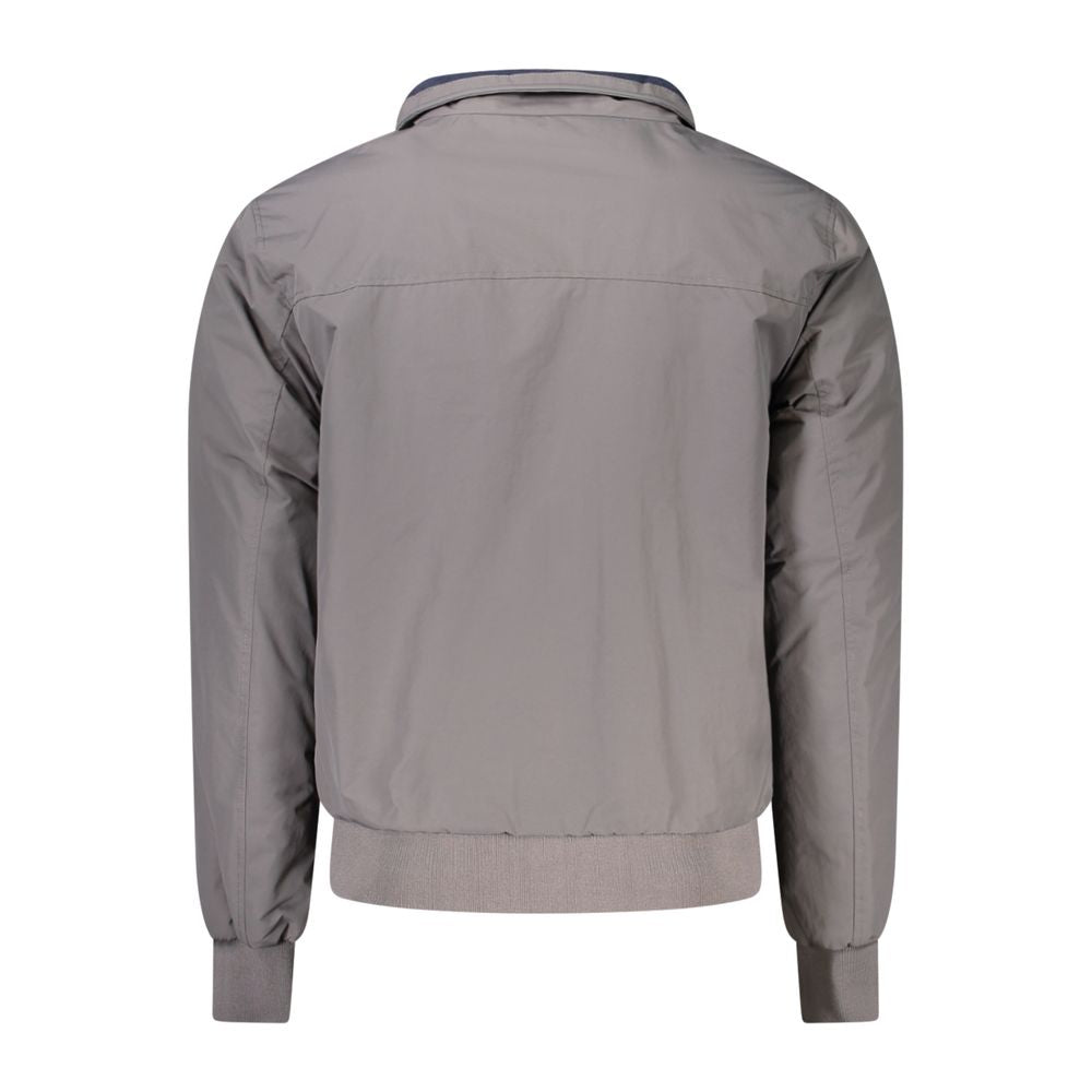 Back view of North Sails Gray Polyamide Men Jacket with sleek design and long sleeves, showcasing sustainable fashion.