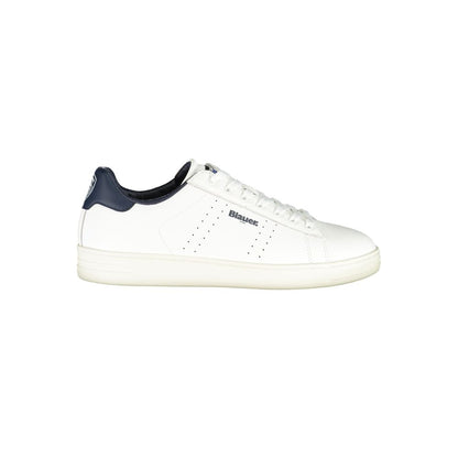 Alt Tag: Blauer White Leather Men Sneaker featuring sleek white design with blue accents and removable insole for comfort.