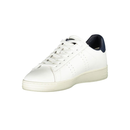 Blauer White Leather Men Sneaker with blue accents, sleek design, removable insole, featuring Blauer's iconic print logo