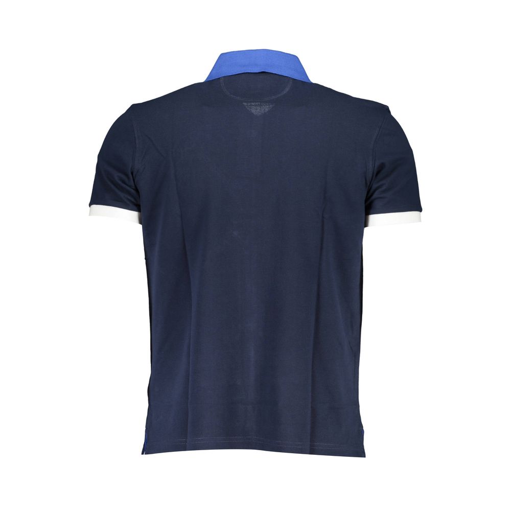 Back view of La Martina Blue Cotton Mens Polo Shirt with short sleeves and contrasting collar.