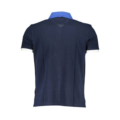 Back view of La Martina Blue Cotton Mens Polo Shirt with short sleeves and contrasting collar.