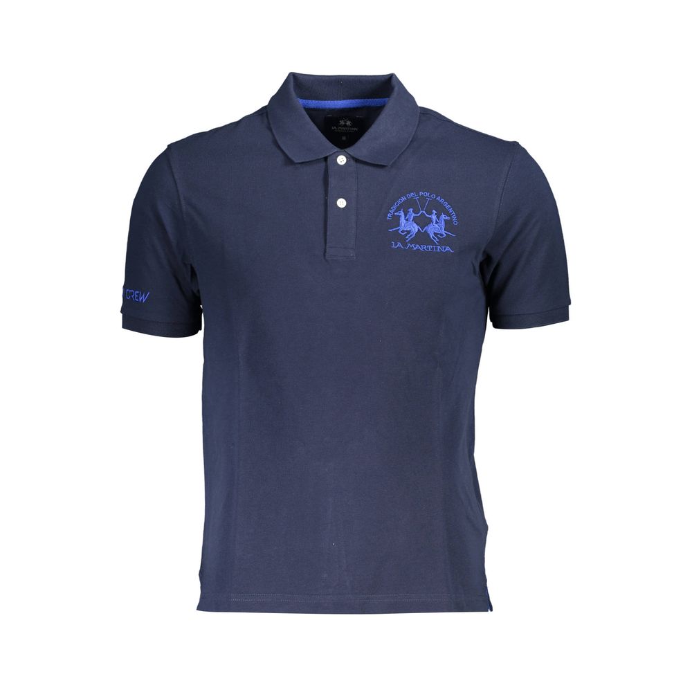 La Martina Blue Cotton Men Polo Shirt with embroidered logo and button details, showcasing luxury and casual charm.