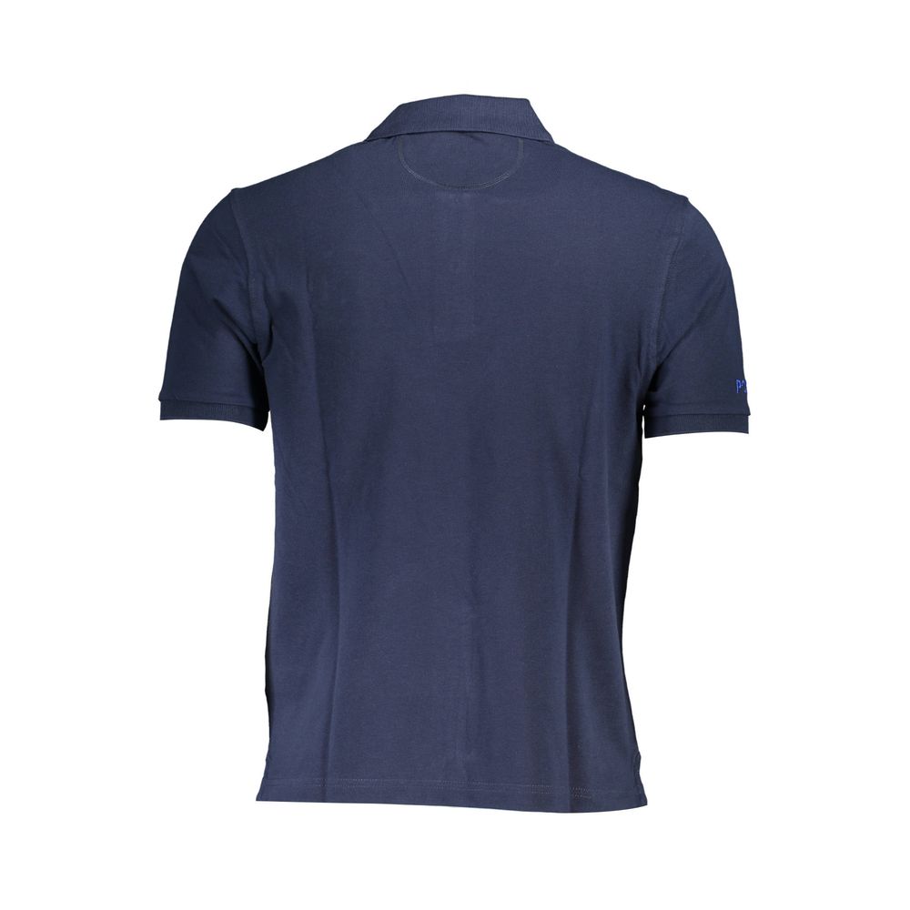 Rear view of a La Martina Blue Cotton Men Polo Shirt showing short sleeves and classic design.