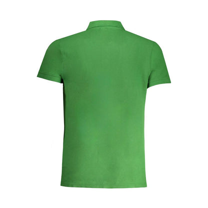 Cavalli Class Green Cotton Polo Shirt, short-sleeved, featuring buttons, print, and logo. Back view of stylish designer apparel.